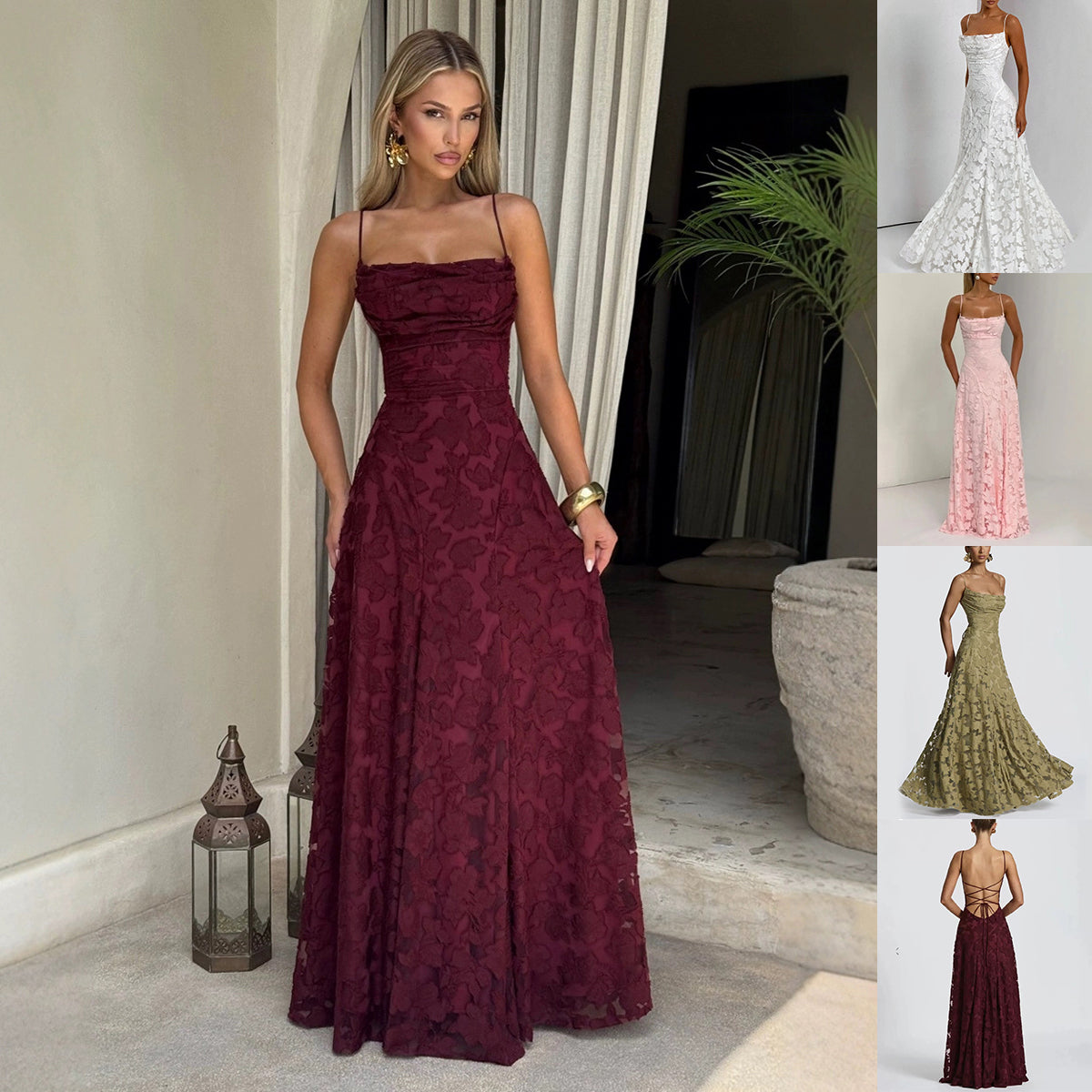 Woman wearing a burgundy lace evening gown