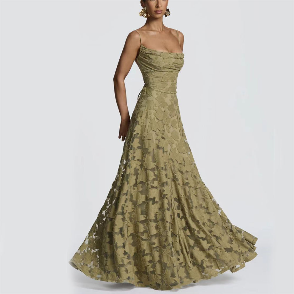 Woman wearing a green strapless gown 