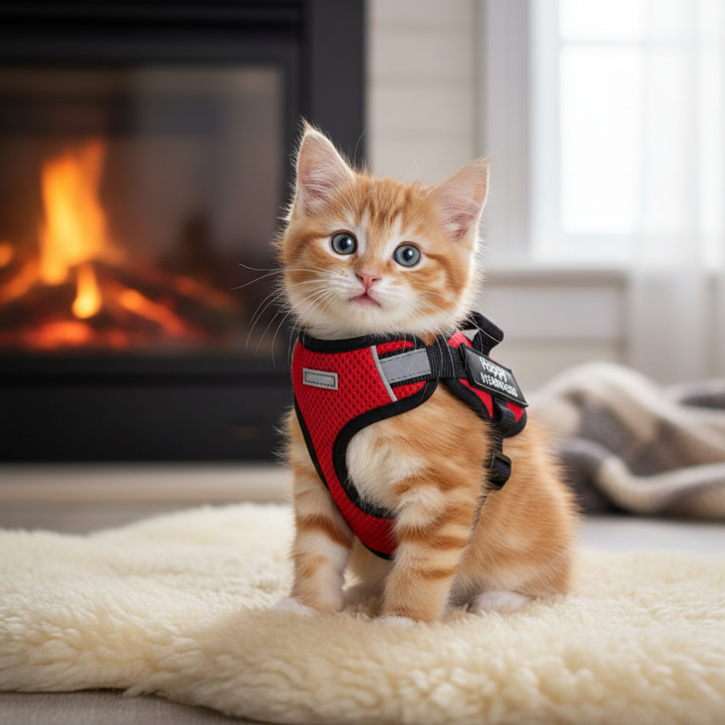 Harness on an adorable kitten
