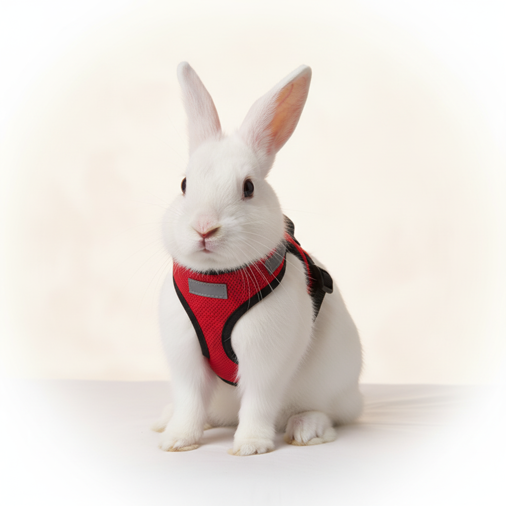 Adorable fluffy white bunny wearing the personalized reflective harness