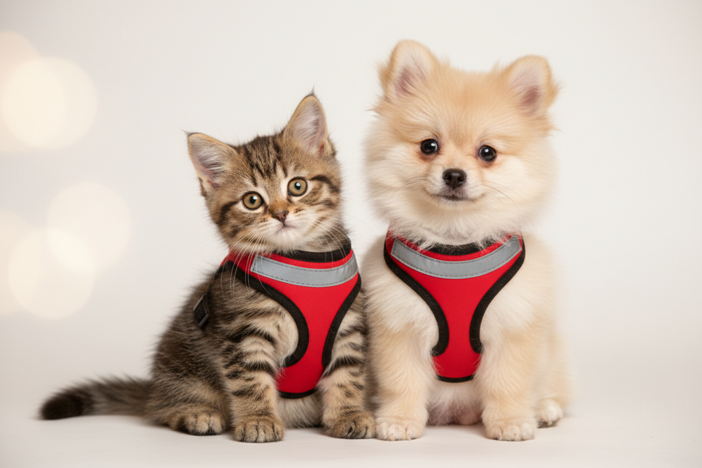 Super cute kitten and puppy with harness